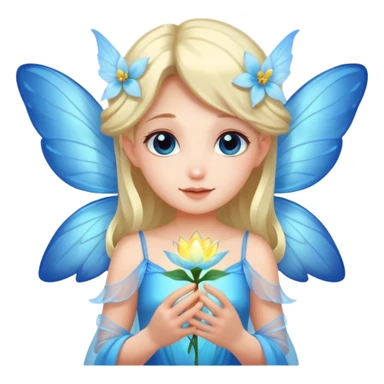 A shy fairy with soft blue wings, gently holding a glowing blossom.
 sticker