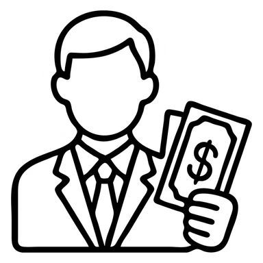 Business man holding dollar bills, wealthy person with cash sticker