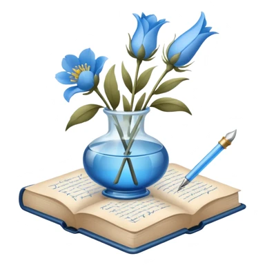antique blue book, soft blue flowers in a glass vase, writing quill, simple small icon, iOS emoji sticker