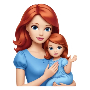A barbie girl with makeup with brown hair with a baby, a daughter, a girl with red hair, holding her hand in blue clothes sticker