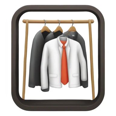 Design an emoji-style icon of an open wardrobe with clothes hanging inside. Include details like a wooden frame, hangers, and only black or white different clothing items such as shirts or any other clothing . Use a clean and minimalistic design. sticker