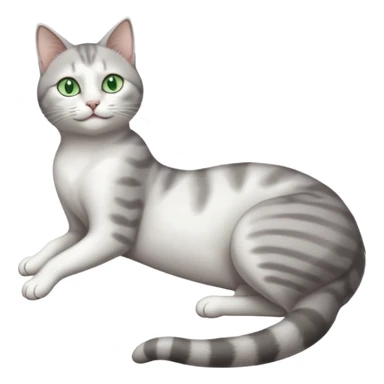grey and white cat with green eyes doing a big extremely long stretch reaching up into the air with arms and legs side by side together straight and overextended whilst lying on its side sticker