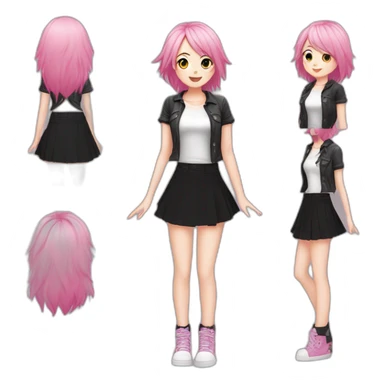 Full body Front view curvy emo girl pink hair sits on the floor straight view hands up black skirt белые трусики полосатые рваные чулки sticker