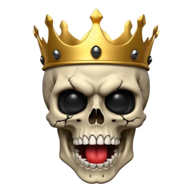 Demonic 3D skull holding its head by its hand in shock, mouth open, wearing a golden crown, dark horror vibe sticker