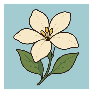 flor de jazmín simple y elegante sobre fondo celeste, estilo cartoon sticker