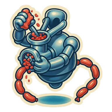 hovering robot. stuffs material into large hole on its top with 2 arms. no head. hole is where a head would be. spinning gears and blades in hole grind red chunks. sausage links come our of hole on backside.  3/4 view. between realism and cartoon. well lit. no dramatic lighting. metallic shiny robot. works diligently. dark humor sticker