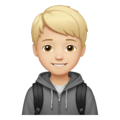 emoji of a teenage boy, short blonde hair, wearing a hoodie and backpack, cheerful look sticker