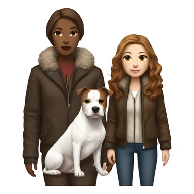 white woman with long brown hair in a furry jacket standing alongside a white pitbull sticker