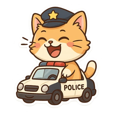 fluffy police cat sitting in patrol car, laughing out loud looking at silly harmless prank nearby, cheerful and comedic mood sticker