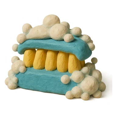 cleaning brush with soap bubbles, pastel palette, visible clay texture in claymation style sticker