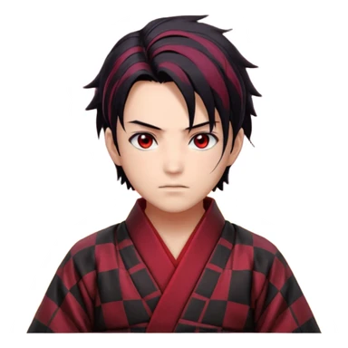 “Tanjiro Kamado, burgundy eyes, black hair with red tips, ember-textured scar, checkered haori, ultra-detailed anime realism, sharp strands, glowing highlights, 8k cinematic look.” sticker
