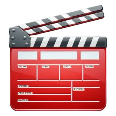 Glossy bright red clapperboard in the classic style of Apple icons: the top bar is tilted up-left, the body and bar with a deep glossy glare, dark gray edging, black background inside, perfectly square with rounded corners. 🔴🎬✨ sticker