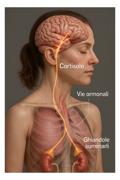 realistic 3D medical illustration of a woman with cortisol highlighted, focusing on brain, adrenal glands, and hormonal pathways, with captions in Italian, aspect ratio 2:3 sticker