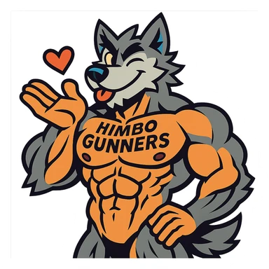 extremely muscular wolf furry, shirtless, with 'Himbo Gunners' tattoo on his chest, blowing a kiss and winking, charming and playful, detailed muscles and fur, ultra high quality sticker