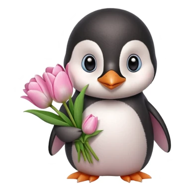 Cute baby penguin holding flower bouquet wraped in white paper and all flowers tulips in pink colour sticker