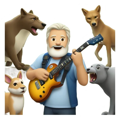 50 year old tan white man with a goatee playing electric guitar in a forest with animals watching sticker