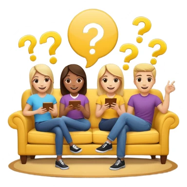 group of friends on couch playing a trivia game couch should be deep dark yellow color.  include a small wooden table in front of the couch as well.  Add 1 smiling face emoji and 2 question marks above their heads sticker