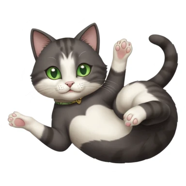 beautiful female solid dark grey cat with green eyes, white toes/paws and white patch on her chest playfully rolling upside down sticker
