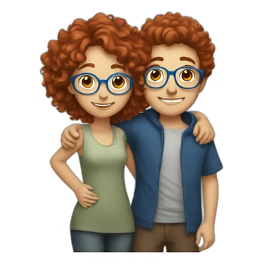 boy-with-brown-hair-hugging a girl with curly red hair and blue glasses sticker