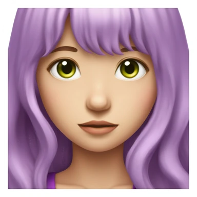 Purple long wavy hair girl with bangs with green eyes and pink dragon horn sticker