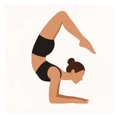 Minimalist flat vector illustration of a woman doing yoga (Vrischikasana), wearing sportswear (black top and black shorts), brown hair in a bun, clean white background, no face details, elegant style sticker