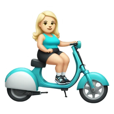 Chubby blonde girl with pattern baldness in a cyan shirt, bike shorts, black slide sandals and white socks riding a kick scooter sticker
