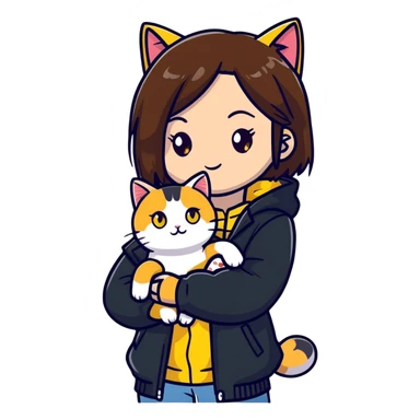 Light-skinned girl with brown straight hair wearing a black jacket, with a white cat with yellow eyes and a calico cat sticker