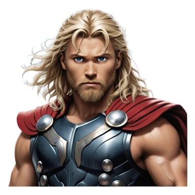 Cinematic Realistic Thor Portrait, depicted with lifelike skin texture and a commanding, muscular build that radiates divine strength. His piercing eyes, framed by rugged, flowing hair and a well-groomed beard, exude both determination and amiable authority. Clad in his signature armor with subtle hints of mystical lightning, the portrait is rendered in dynamic natural lighting with a radiant, heroic glow. sticker