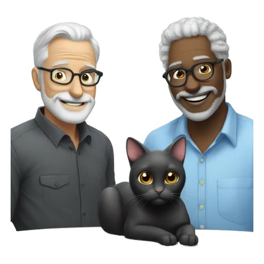A black cat with a mouse in his mouth next to the cat a man smiling softly with grey hair no beard rectangular glasses in a sky blue shirt  sticker