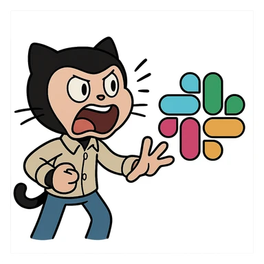 Github Octocat yelling at the Slack logo, cartoon style, energetic and humorous, playful and expressive, fun tech sticker, dynamic and lively, exaggerated expression, tech mascot crossover sticker