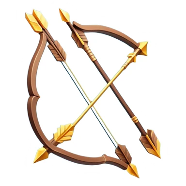 Clash of Clans aesthetic: Cinematic Playful 3D Isometric Bow & Arrows Emoji, rendered in a 3D vector-style similar to standard emojis with minimal shading and bold, simplified shapes. A compact, distinct form with signature details, softly glowing with a fantasy RPG magic charm. Simplified yet unmistakably iconic, highly detailed and consistent, glowing with a soft radiance and high shine. Stylized with a touch of heroic grandeur and a soft glowing outline, capturing the essence of a beloved gaming relic with a friendly, playful manner! sticker