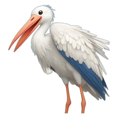  white stork with long legs and a long beak flying in the sky and carrying a blue bundle of cloth in its beak that has a cute baby face peeking out from it sticker