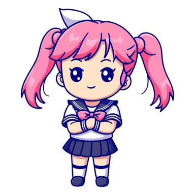 Adorable anime schoolgirl with pink twin tails and big eyes wearing sailor uniform, cute chibi style sticker