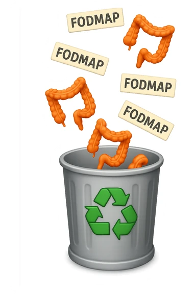 cinque scritte piccole "FODMAP" e piccoli pezzi di colon cadono in un secchio della spazzura con simbolo "recycle" sopra, stile emoji iphone, iperrealistico 4k sticker