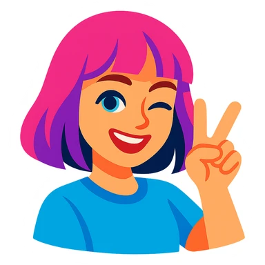 female character inspired by Russian singer Dora, smiling, winking with one eye, making a V sign with fingers, Telegram sticker style, no outline, vibrant and expressive sticker