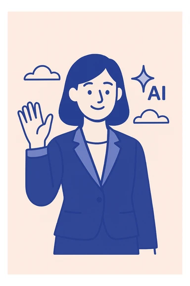 business woman smiling in a suit, waving, with an AI sparkle above her shoulder, clean modern illustration sticker
