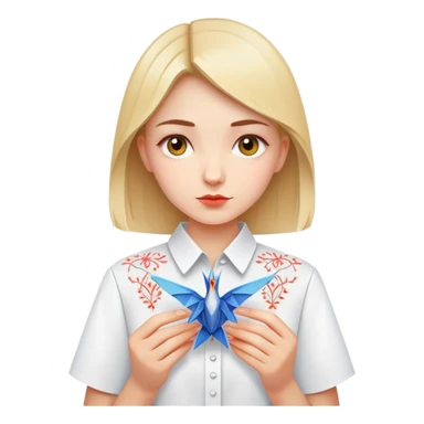 Ukrainian young girl in a white embroidered shirt holds an origami crane sticker