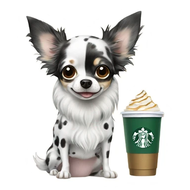 Black spotted Merle long hair chihuahua drinking Starbucks  sticker