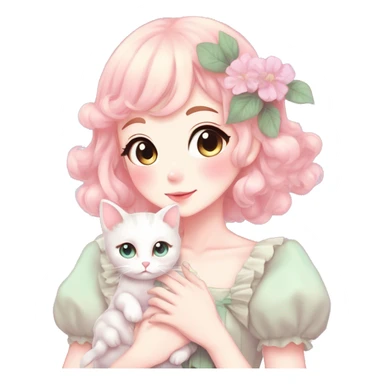 Gorgeous pastel anime style lady with blushing face and holding a kitten cottagecore fairycore pastelcore colorful pearly romantic simplistic aesthetic trending style sticker