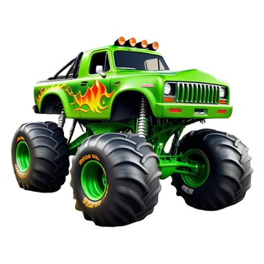 Grave Digger - Monster Jam (Model Year: 2022) (Iconic colour: Green with flames) - A legendary monster truck with a fearsome design: predominantly deep green with dynamic, vibrant flame graphics in bright orange and yellow. Highlight its rough, edgy bodywork and an aura of untamed rebellion. sticker