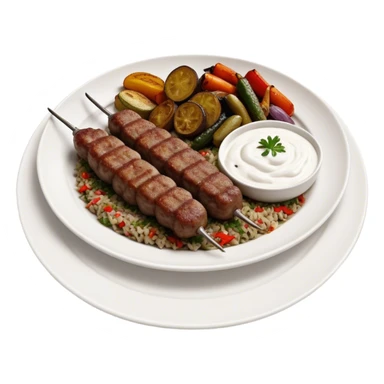 Cinematic Realistic image of a long, hand shaped Turkish Köfte, rendered with richly spiced meat textures and subtle grill marks, artfully arranged on a traditional Turkish ceramic plate alongside classic sides such as a serving of aromatic pilaf, crisp grilled vegetables, and a dollop of creamy yogurt, all bathed in warm, appetizing lighting that emphasizes its savory allure. sticker