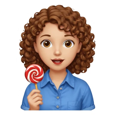 girl with brown curly hair in a blue button-up shirt loving candy excited sticker