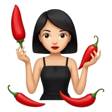 black short shoulder length hair tanned woman, black dress cooking, holding chili pepper sticker