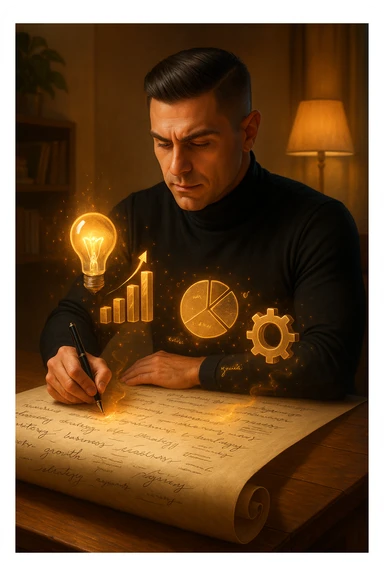 Un uomo concentrato, seduto alla sua scrivania in una stanza con luce calda, sta scrivendo su un enorme foglio di carta che si espande magicamente davanti a lui. Mentre scrive, le parole si trasformano in elementi visivi tridimensionali che rappresentano le soluzioni ai suoi problemi in italiano sticker