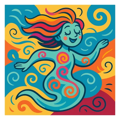 whimsical flowing spirit with wind-blown hair and swirling patterns symbolizing freedom and lightness vibrant colorful style sticker
