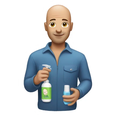 Bald man holding a shampoo sticker