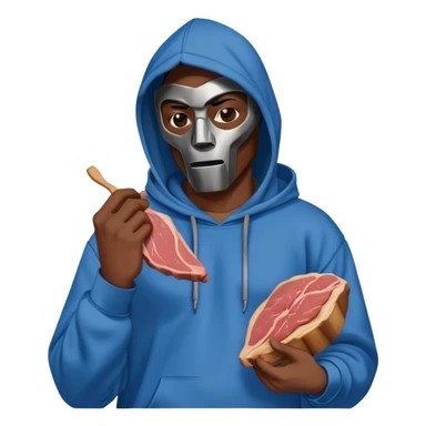MF DOOM in a blue hoodie holding a piece of meat sticker