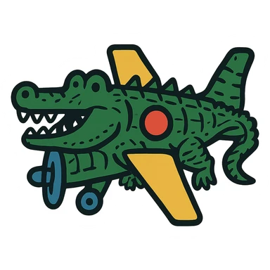 Make the war plane and crocodile fusion much more crocodile-like, emphasizing crocodile features such as the head, scales, teeth, and tail, while keeping the original bold illustrative style. Maintain a transparent background. sticker