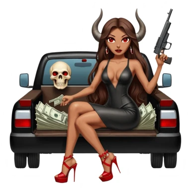 Lilith symbol red eye seductress evil long brown haired sexy succubus woman with leather long dress with slit on, sitting in Big Large F350 pickup truck. Platform long high heels on feet. Back seat full of stacks of cash, she is  Holding a man dead human skull of her enemies and a gun in other hand sticker