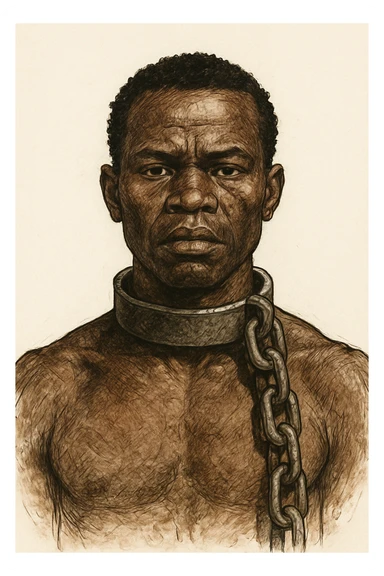 Сгенерируй мне в чуть рисованном стиле африканского раба, и на шее у него оковы с цепью, он смотрит четко прямо без эмоций. На белом фоне sticker